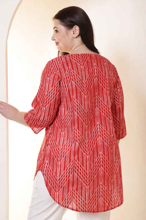 Plus Size Bold Red & White Print V Neck Cotton Top