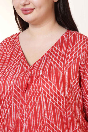 Plus Size Bold Red & White Print V Neck Cotton Top