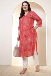Plus Size Bold Red & White Print V Neck  Cotton Kurta