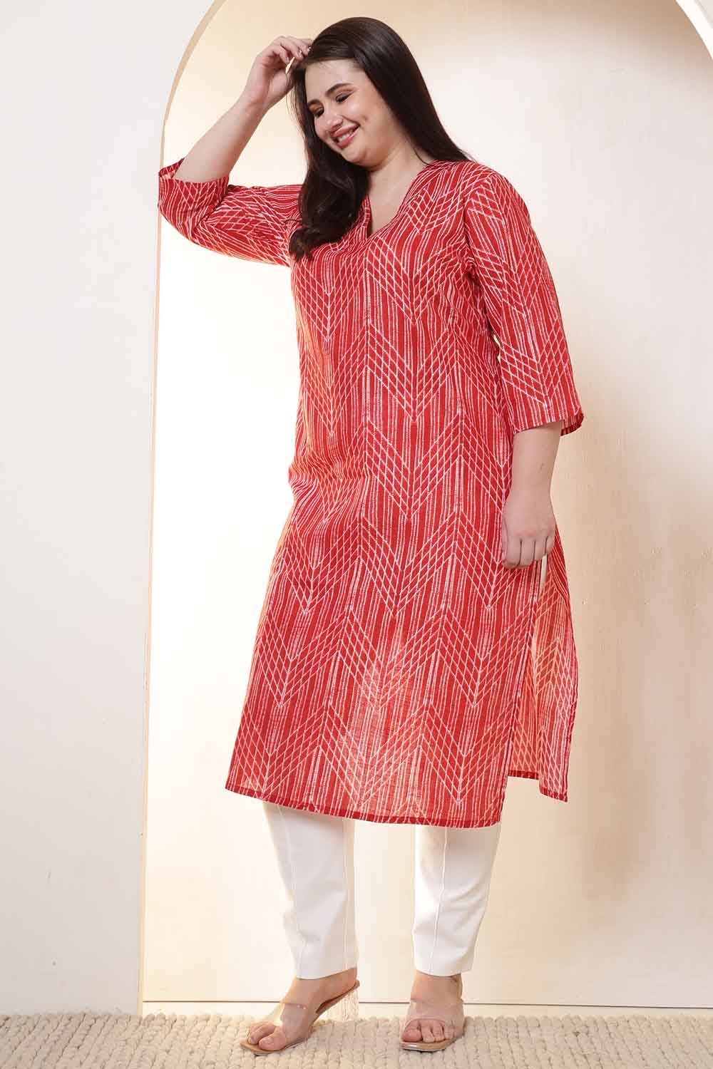 Plus Size Bold Red & White Print V Neck  Cotton Kurta
