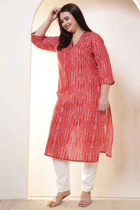 Plus Size Bold Red & White Print V Neck  Cotton Kurta