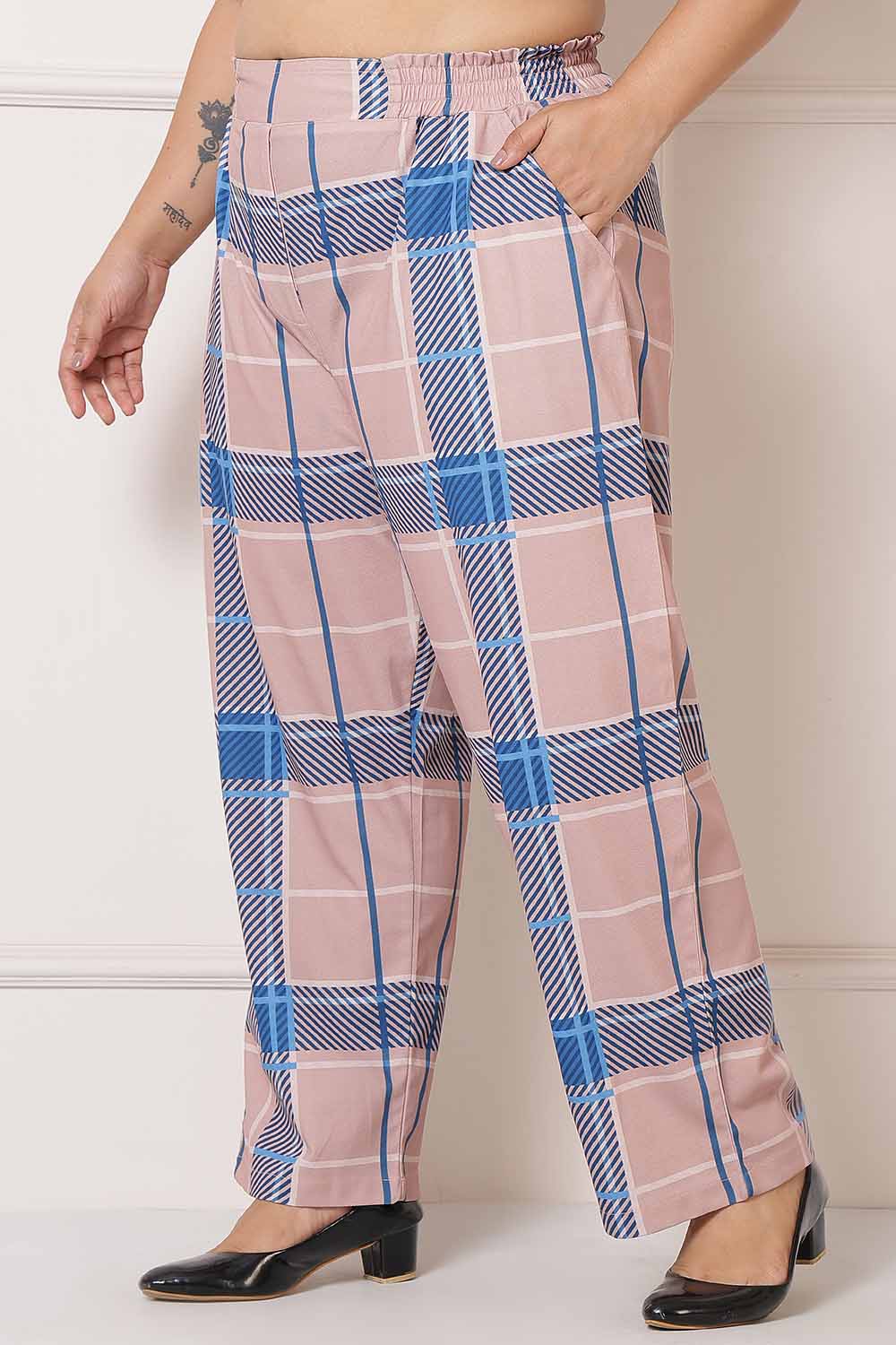 Plus Size Pink Blue Checkered Pants for Women