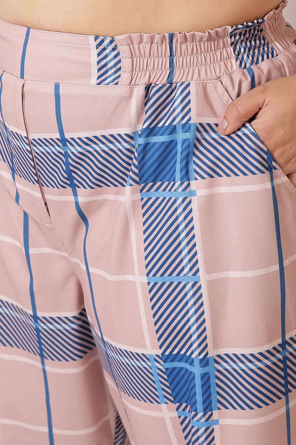 Comfortable Plus Size Pink Blue Checkered Pants