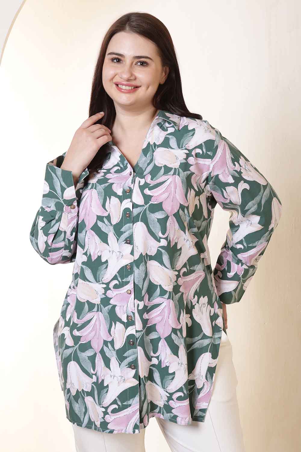 Plus Size Green & Pink Flower Print High Slit Styled Cuff Rayon Shirt