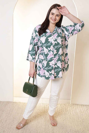 Plus Size Green & Pink Flower Print Cuban Collar Rayon Shirt