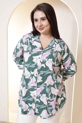 Plus Size Green & Pink Flower Print Cuban Collar Rayon Shirt