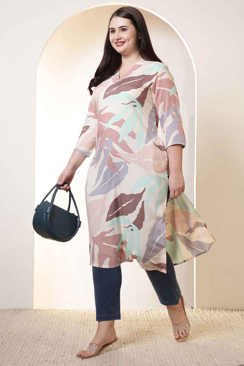 Plus Size Multi-Color Abstract Print V-Neck Rayon Kurta