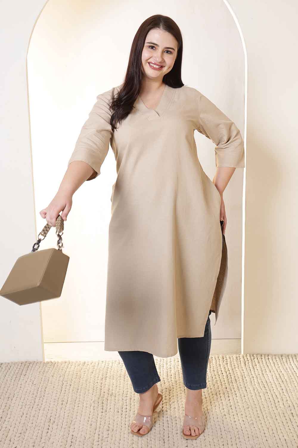 Plus Size Beige V-Neck Cotton Linen V Neck Kurta