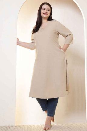 Plus Size Beige V-Neck Cotton Linen V Neck Kurta