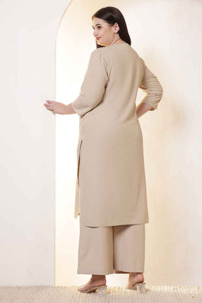 Plus Size Beige Cotton Linen Kurta Coord Set