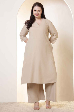 Plus Size Beige Cotton Linen Kurta Coord Set