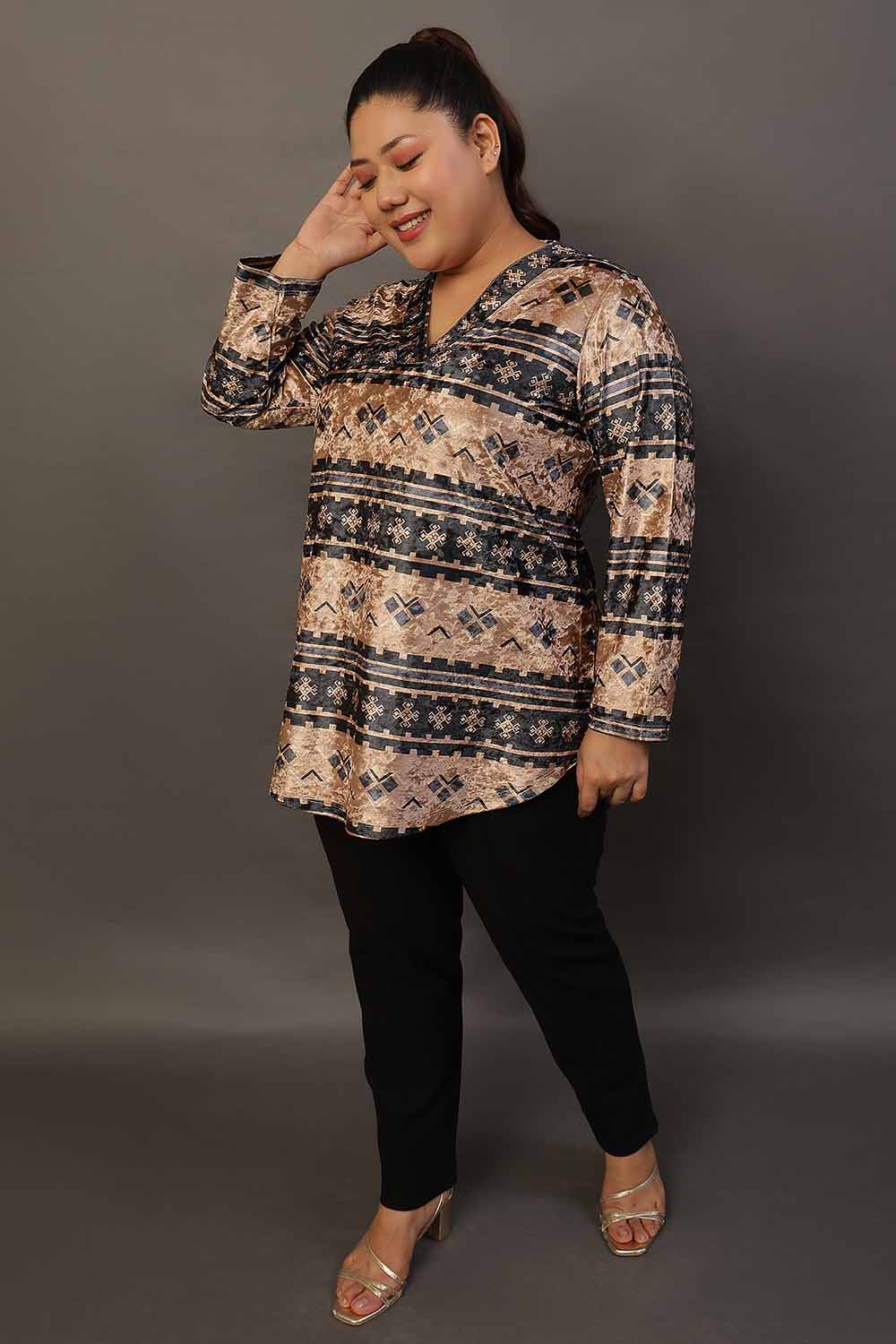 Plus Size Blue Beige Printed Velvet Top