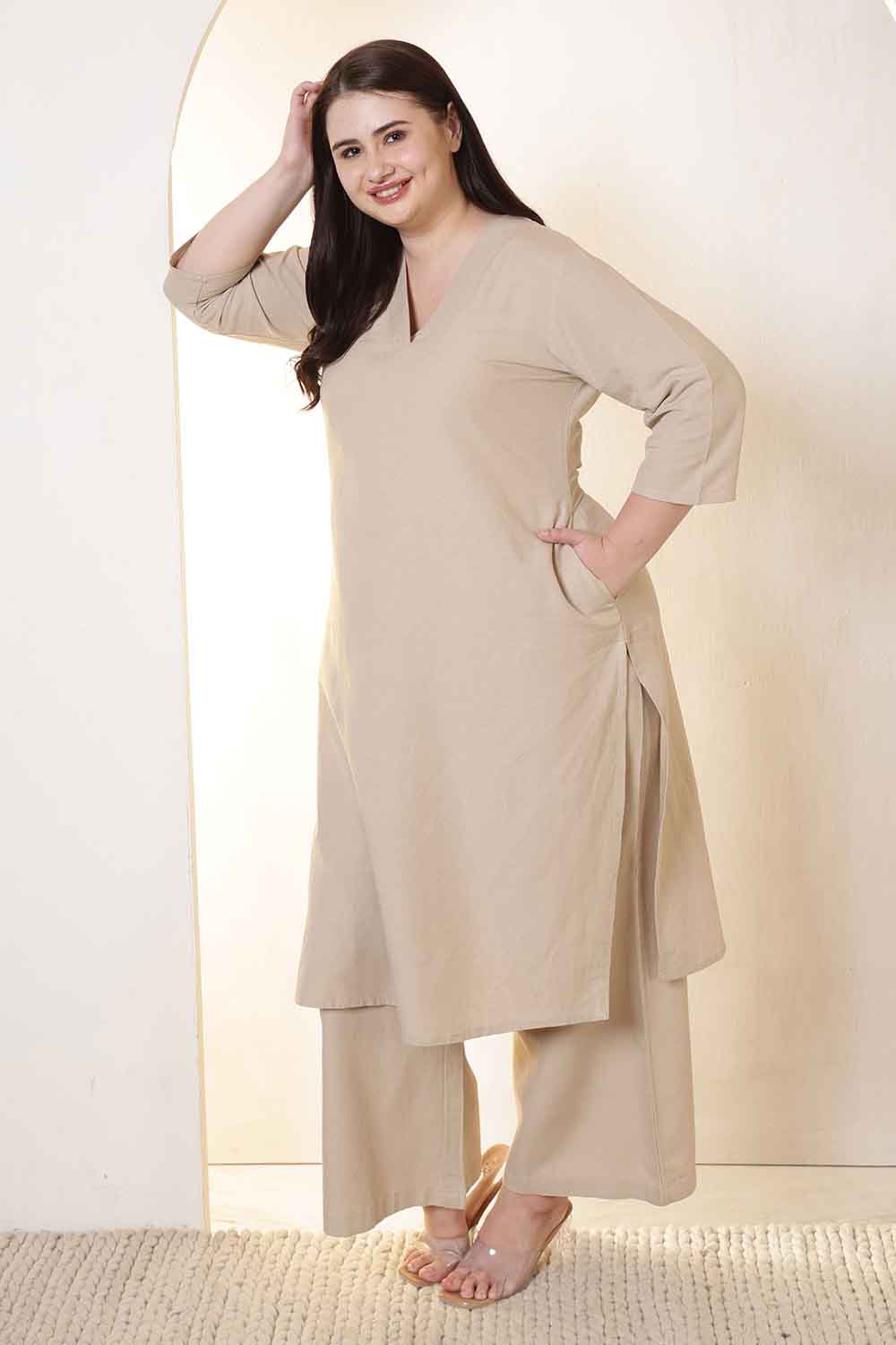 Plus Size Beige Cotton Linen Kurta Coord Set for Women