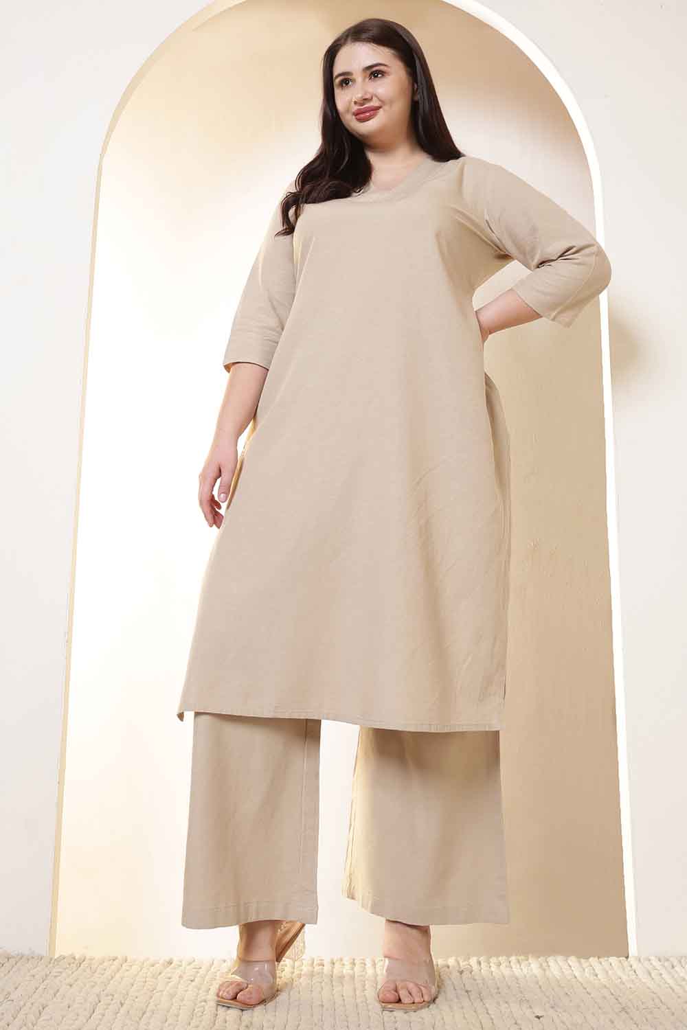 Comfortable Plus Size Beige Cotton Linen Kurta Coord Set