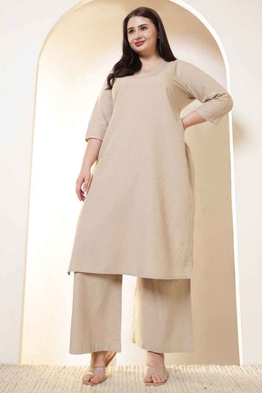 Plus Size Beige Cotton Linen Kurta Coord Set