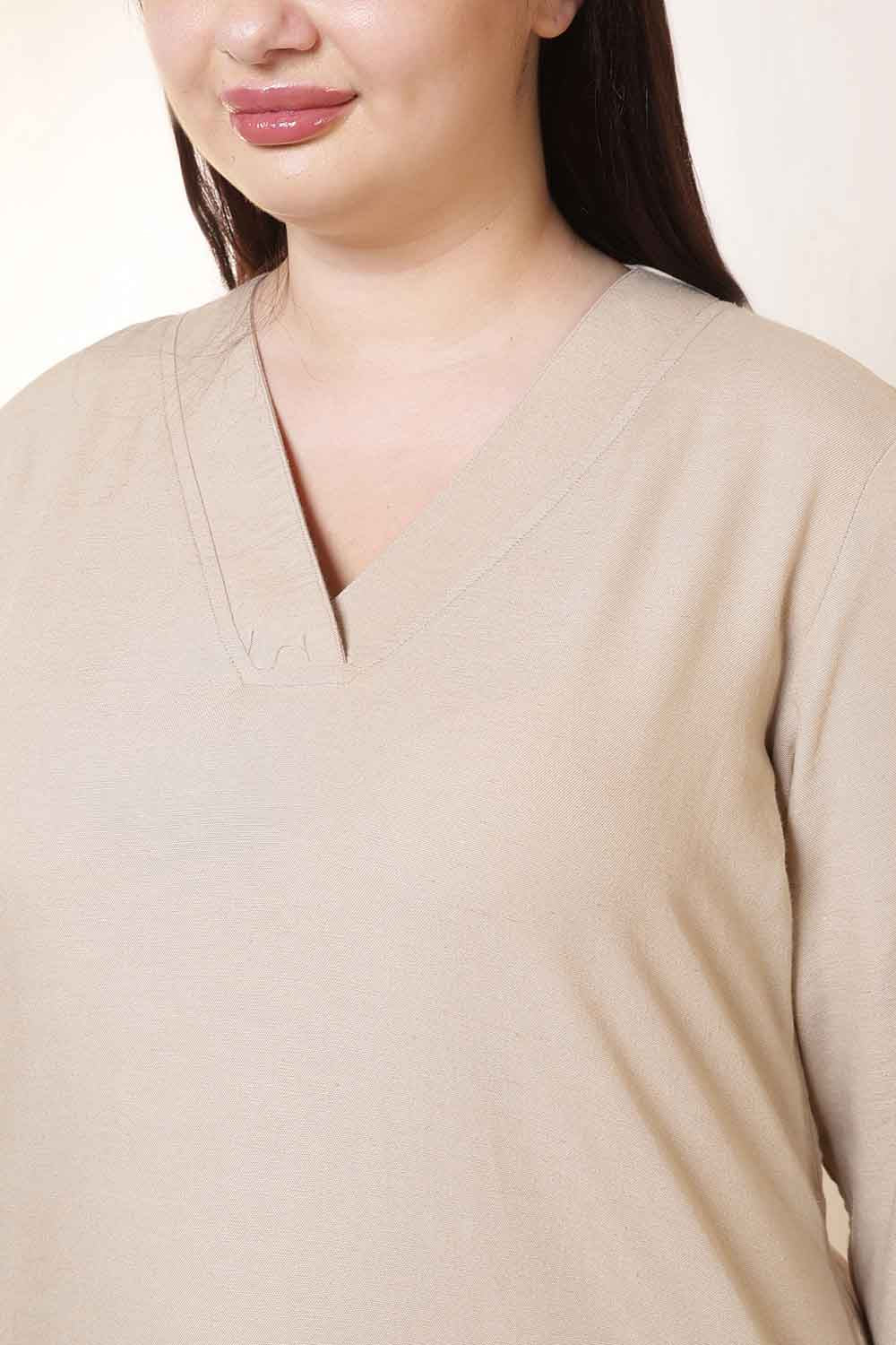 Plus Size Beige Cotton Linen Kurta Coord Set