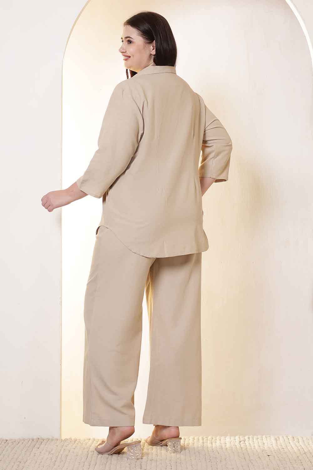 Plus Size Beige Cotton Linen Shirt Coord Set