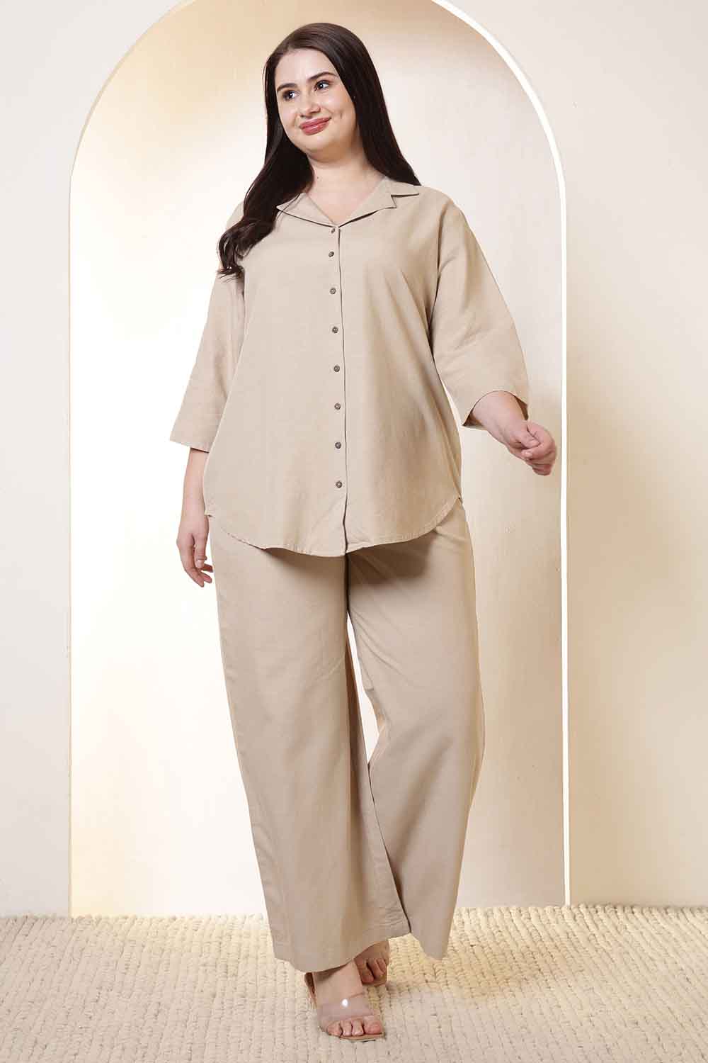 Plus Size Beige Cotton Linen Shirt Coord Set