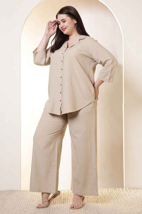 Plus Size Beige Cotton Linen Shirt Coord Set