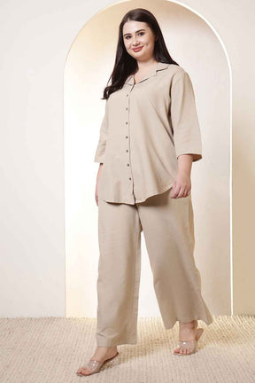 Plus Size Beige Cotton Linen Shirt Coord Set