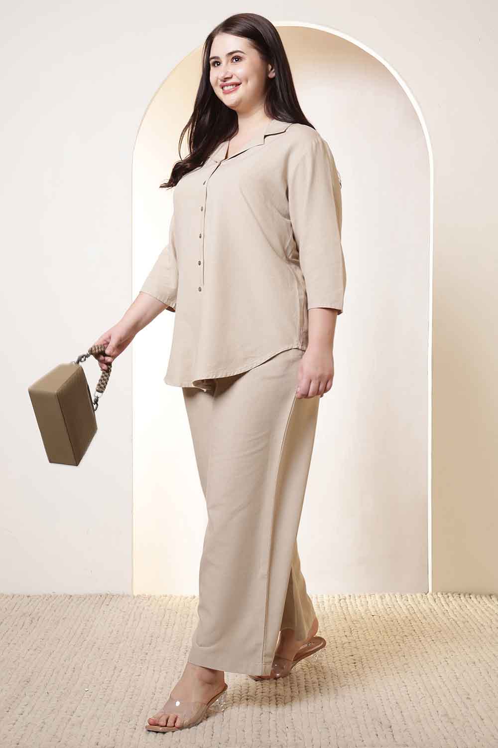 Plus Size Beige Cotton Linen Shirt Coord Set