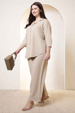 Plus Size Beige Cotton Linen Shirt Coord Set