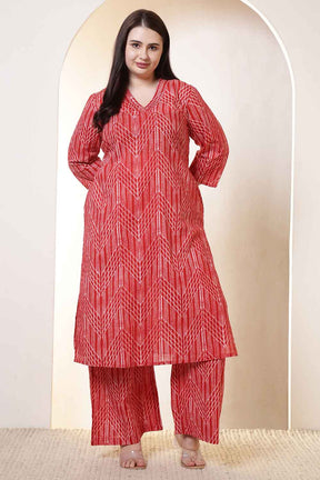 Plus Size Bold Red & White Print Cotton Kurta Coord Set