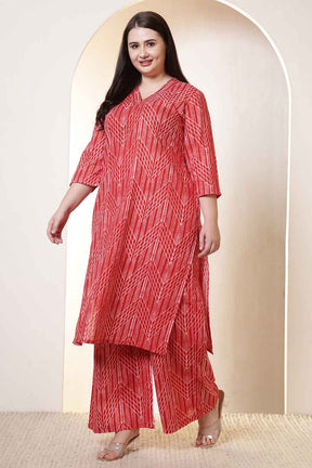 Plus Size Bold Red & White Print Cotton Kurta Coord Set