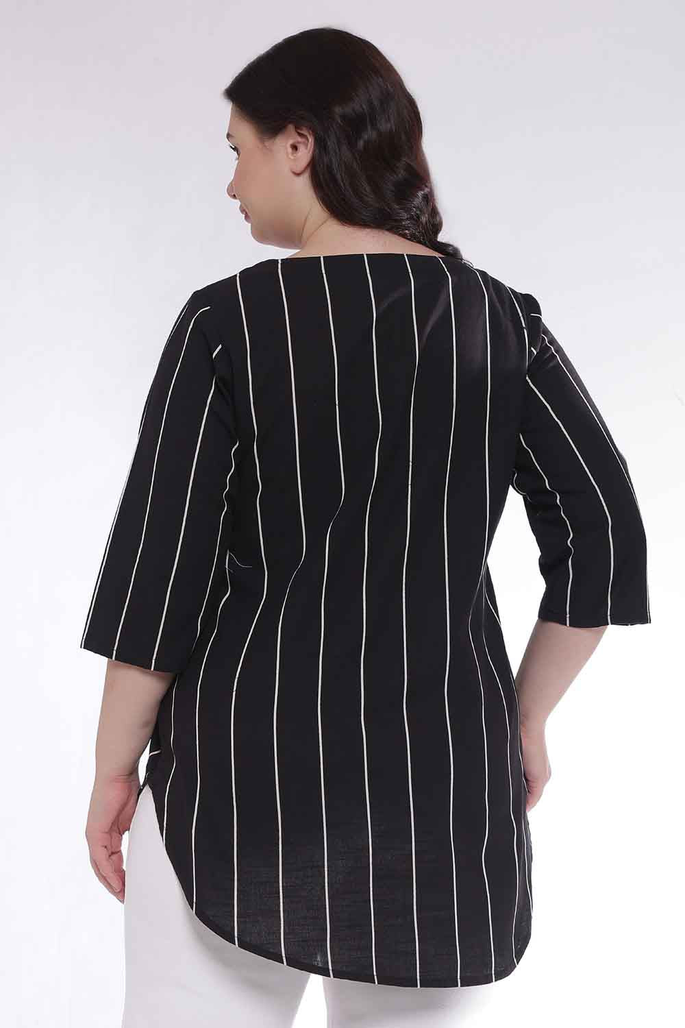 Plus Size Black Vertical Stripe V Neck Cotton Top