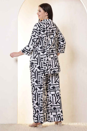 Plus Size Black & White Geometric Print Cotton Shirt Coord Set