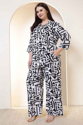 Plus Size Black & White Geometric Print Cotton Shirt Coord Set