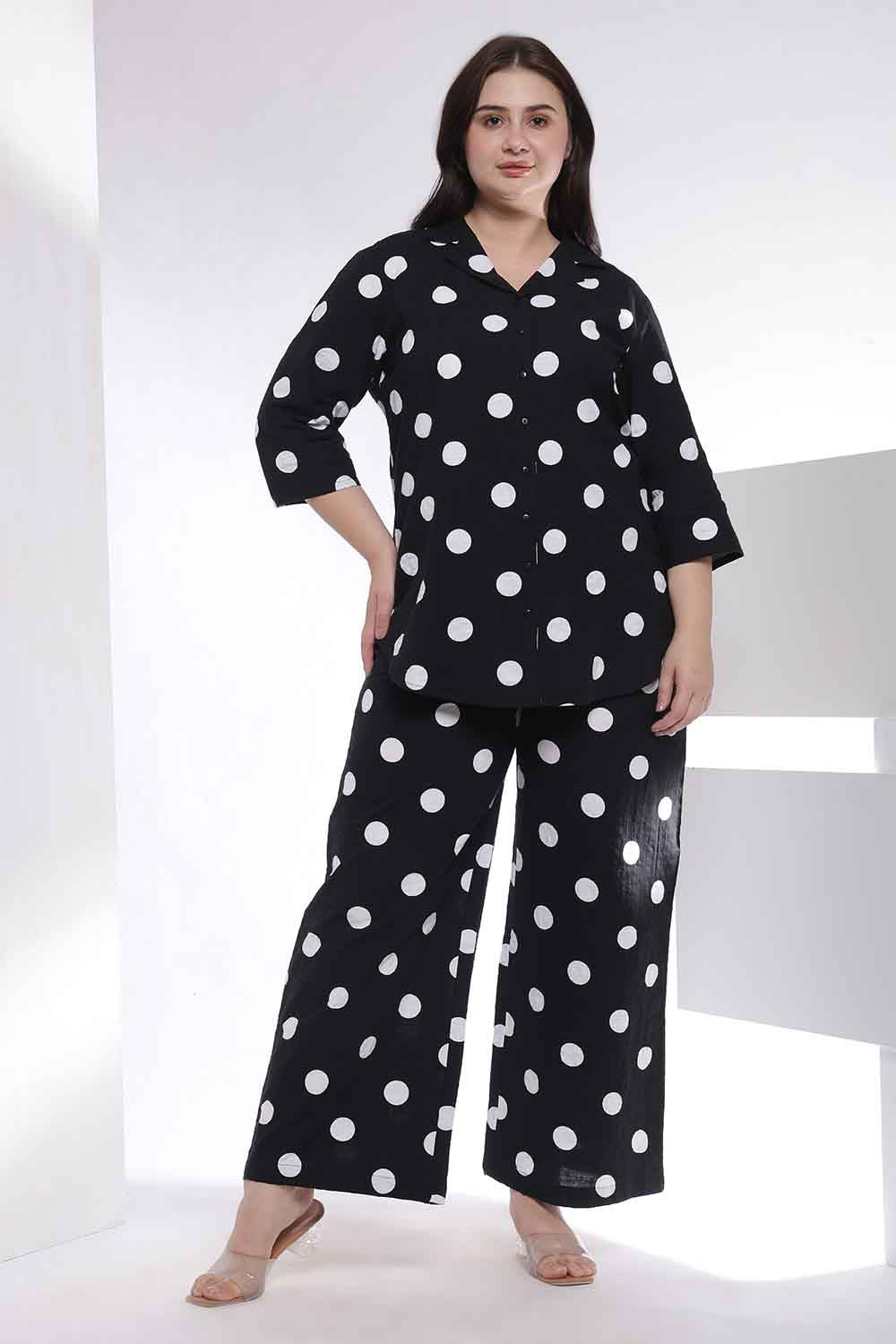 Plus Size Black Polka Print Shirt Coord Set