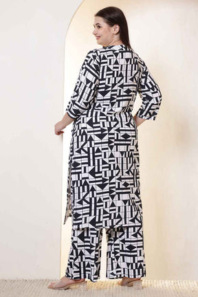 Plus Size Black & White Geometric Print Cotton Kurta Coord Set