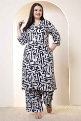 Plus Size Black & White Geometric Print Cotton Kurta Coord Set
