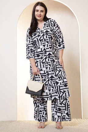 Plus Size Black & White Geometric Print Cotton Kurta Coord Set