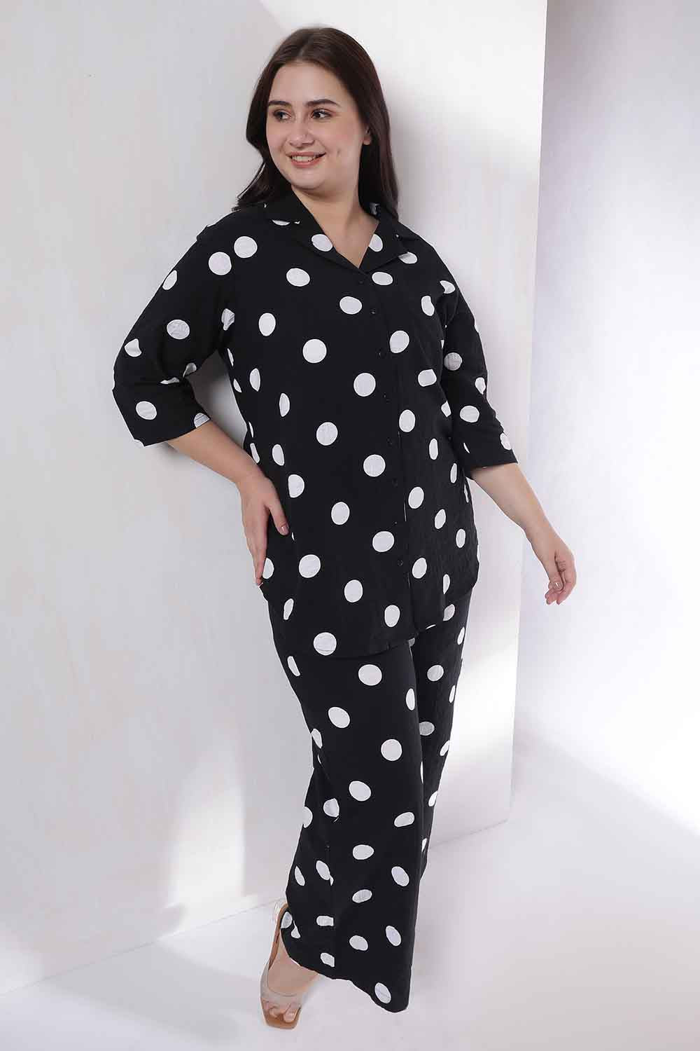 Plus Size Black Polka Print Shirt Coord Set for Women