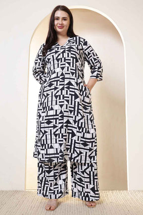 Plus Size Black & White Geometric Print Cotton Kurta Coord Set