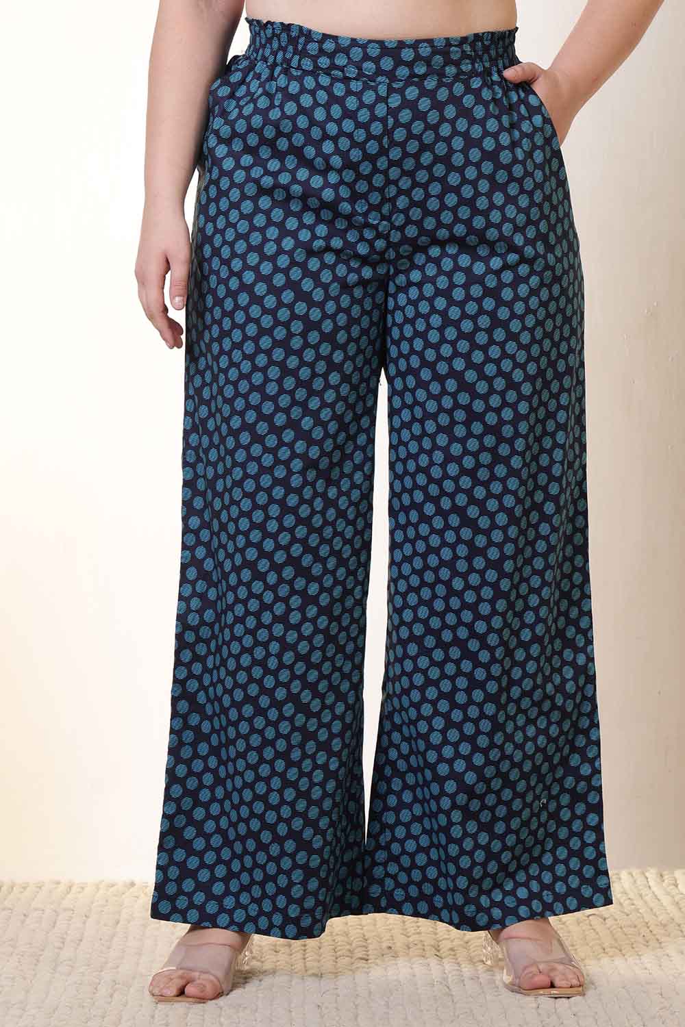 Plus Size Navy & Teal Polka Print Cotton High Waist Pant