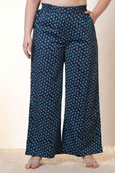 Plus Size Navy & Teal Polka Print Cotton High Waist Pant