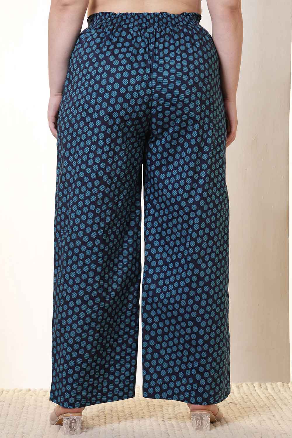 Plus Size Navy & Teal Polka Print Cotton High Waist Pant for Women