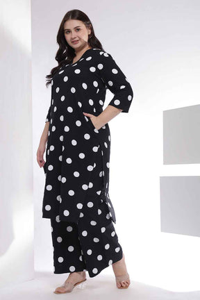Plus Size Black Polka Print Kurta Coord Set