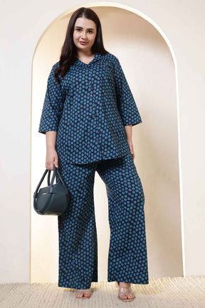 Plus Size Navy & Teal Polka Print Cotton Shirt Coord Set