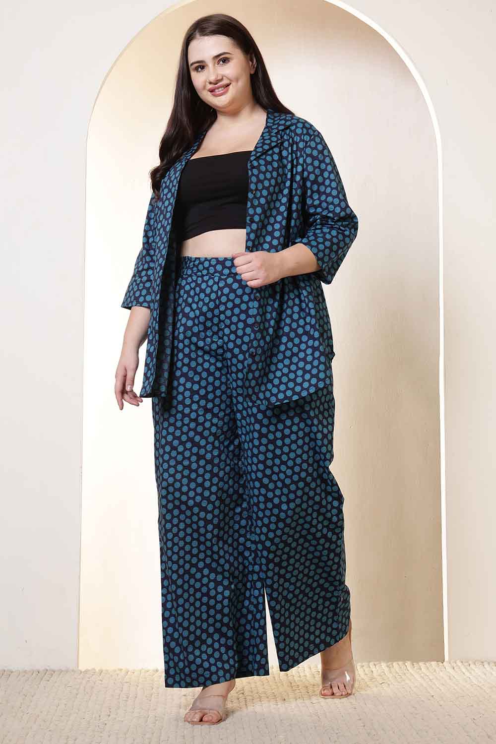 Plus Size Navy & Teal Polka Print Cotton Shirt Coord Set