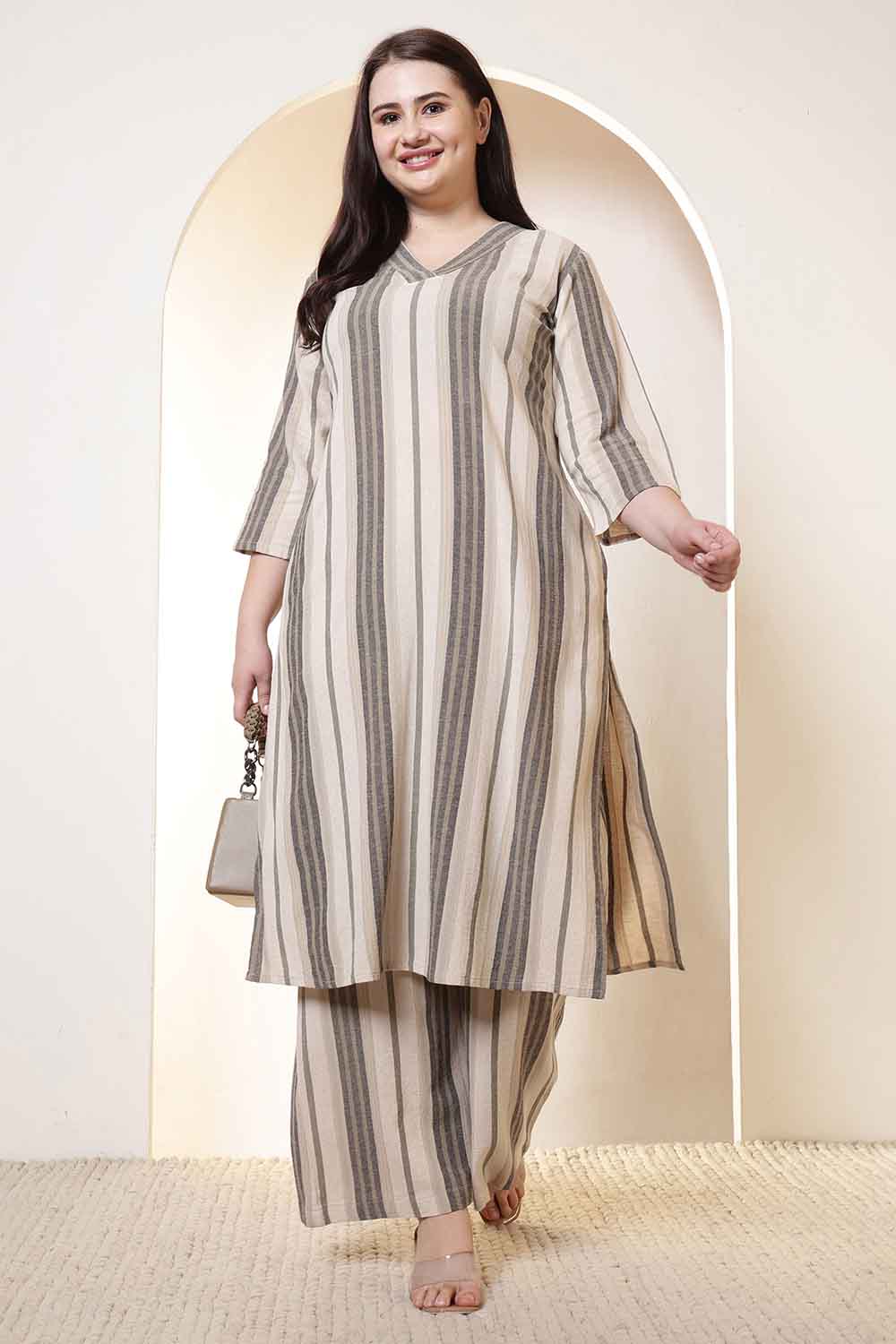 Plus Size Beige & Grey Striped Cotton Kurta Coord Set