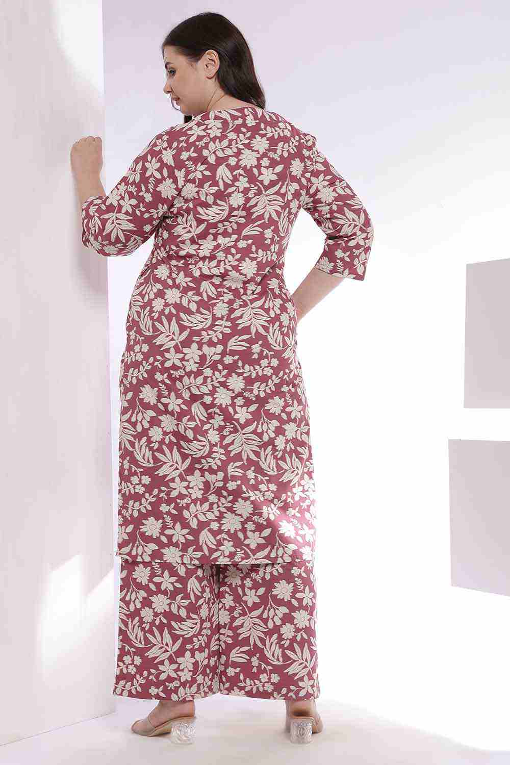 Plus Size Purple Taupe Floral Print Kurta Coord Set for Women