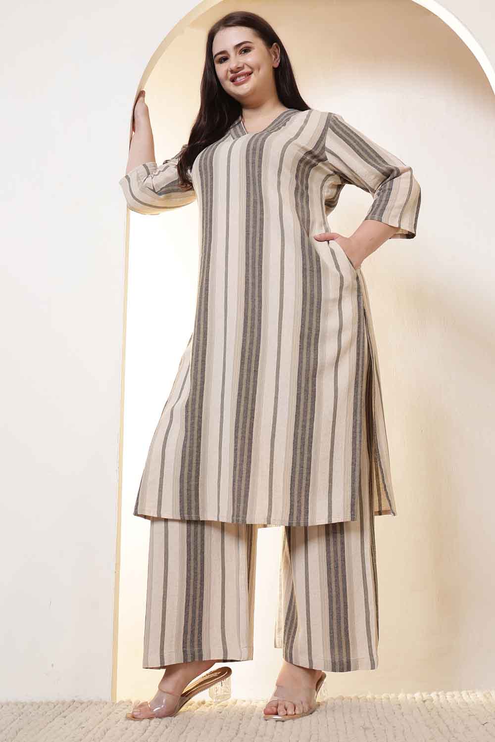Plus Size Beige & Grey Striped Cotton Kurta Coord Set