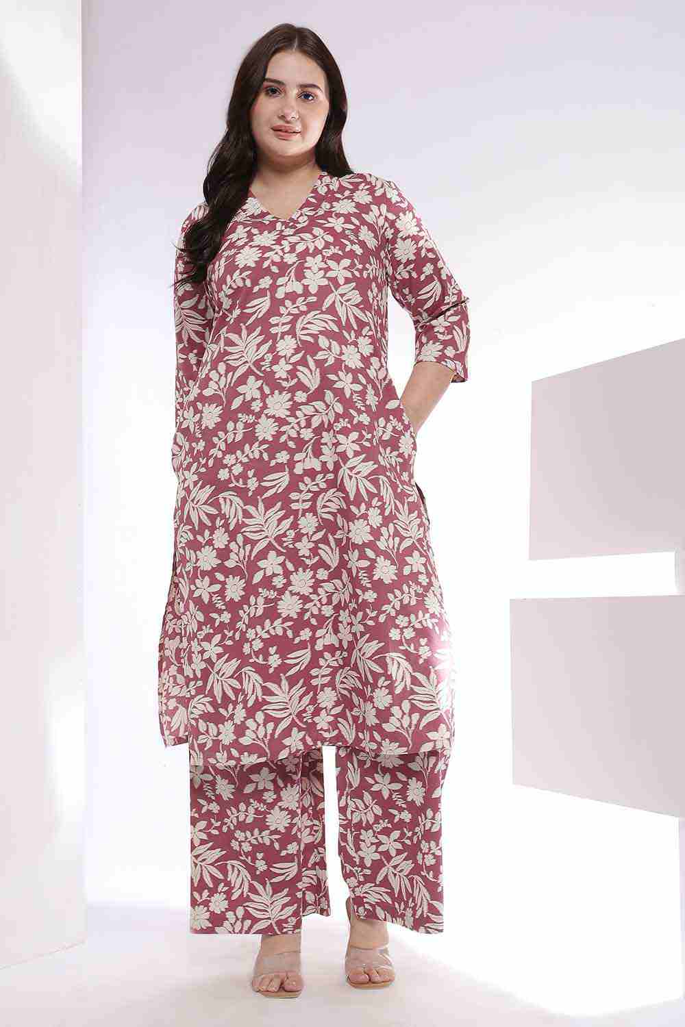 Plus Size Plus Size Purple Taupe Floral Print Kurta Coord Set