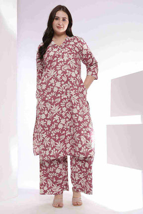 Plus Size Purple Taupe Floral Print Kurta Coord Set