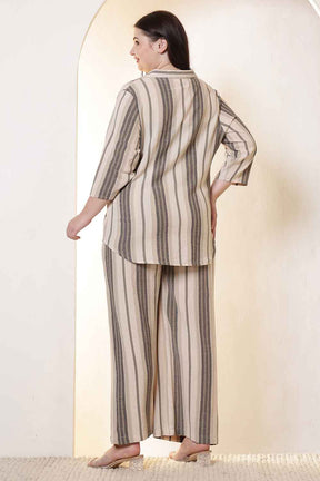 Plus Size Olive Striped Cotton Shirt Coord Set