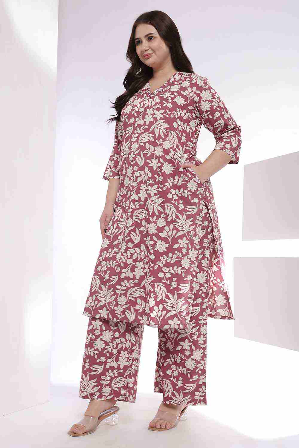 Plus Size Purple Taupe Floral Print Kurta Coord Set
